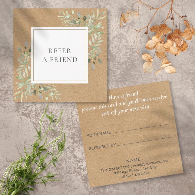 Carte De Référencement Moderne Elégant Rustique Kraft Vert (Modern Elegant Rustic Kraft Greenery Referral Card)