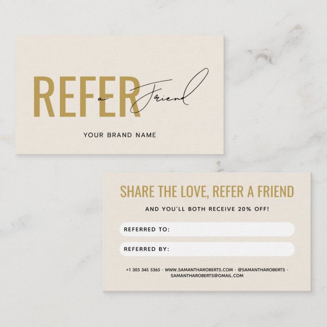Carte De Référencement Moderne professionnel beige or recommander un ami (Devant / Derrière)