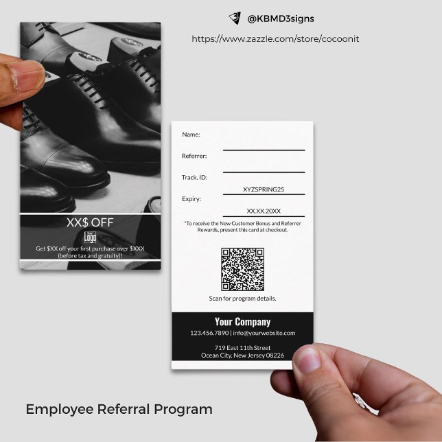 Carte De Référencement Nouvelle remise client élégante Récompense employé (Elegant New Customer Discount Employee Reward Referral Card, Black & White Business Card Size Design)