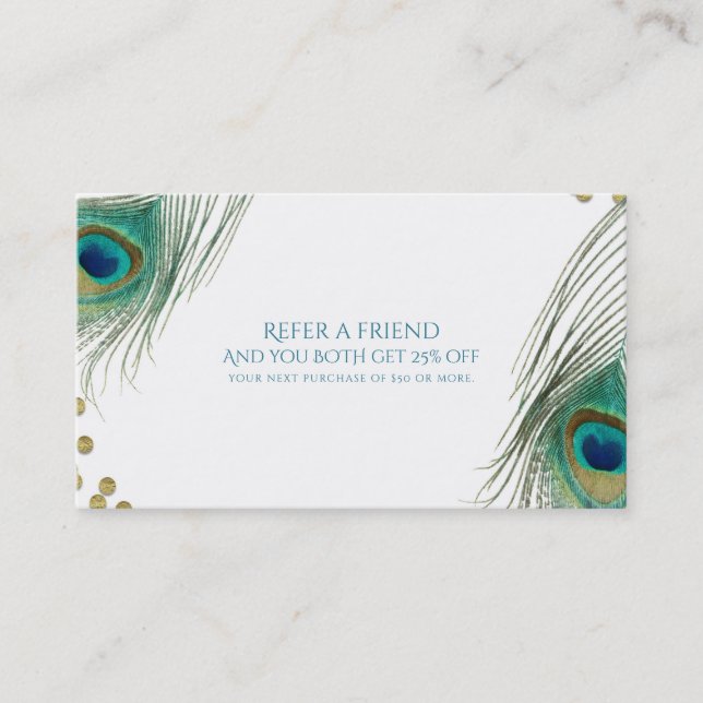 Carte De Référencement Plumes de paon & Or Boho Glam Parrainer un ami (Devant)