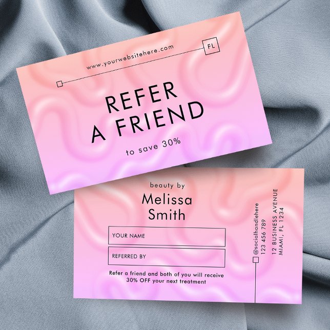 Carte De Référencement Refer a Friend Neon Pink Girly Hair Makeup Lashes (Modern gradient pink feminine refer a friend cards featuring 3D abstract background & minimal layout)