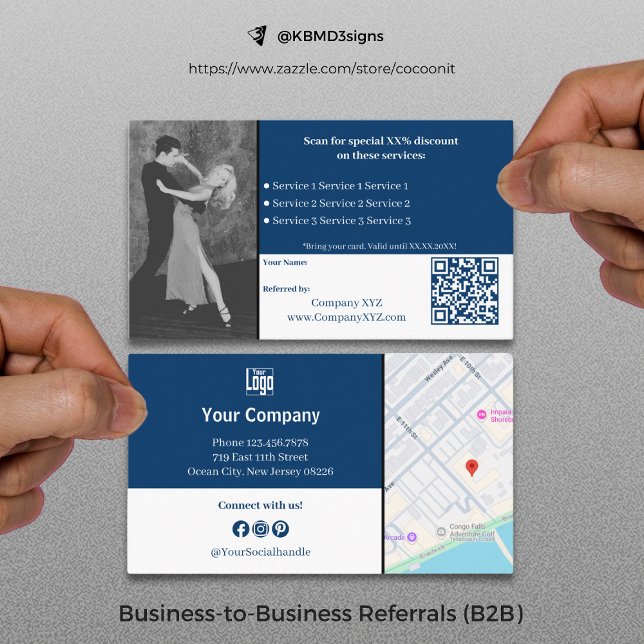 Carte De Référencement Services B2B sophistiqués QR Code bleu blanc (Sophisticated B2B Services QR Code Blue White Referral Card, Business to Business Collaboration)