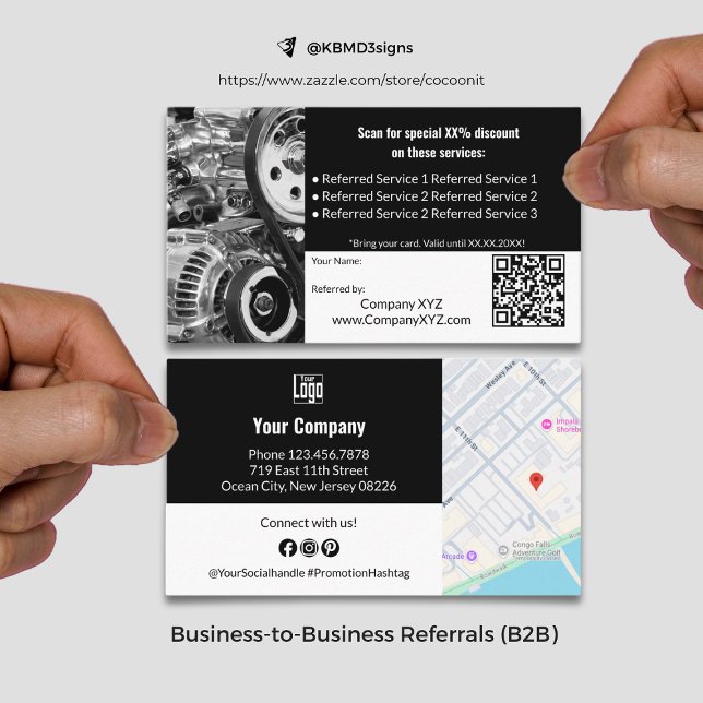 Carte De Référencement Services B2B sophistiqués QR Code noir et blanc (Sophisticated B2B Services QR Code Black & White Referral Card, Business to Business Collaboration)