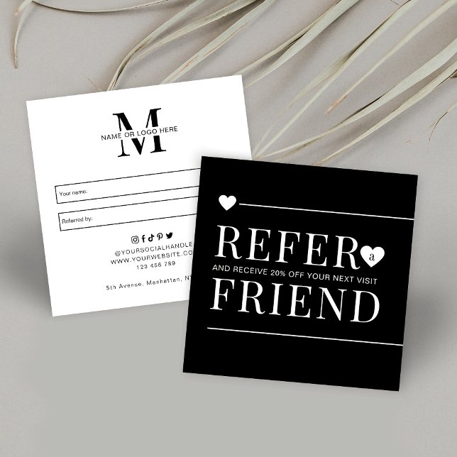 Carte De Référencement Simple Noir & Blanc Référer un artiste de maquilla (Add your business name or logo and make these client referral discount cards your own)