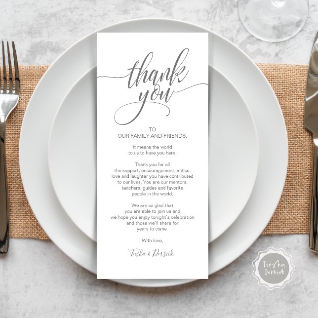 Carte de réglage du Merci du dîner de répétition (Wedding Dinner Place Setting Thank You Card, Modern Classy Elegant Script, Dark Grey)