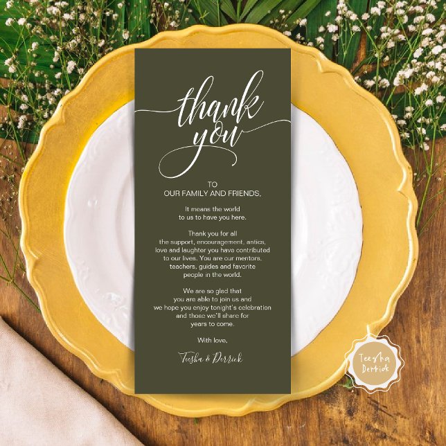 Carte de réglage du Merci du dîner de répétition (Wedding Dinner Place Setting Thank You Card, Modern Classy Elegant Script, Olive Green)