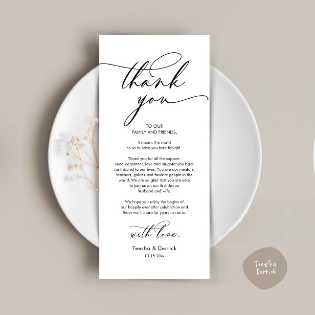 Carte de réglage du Merci Mariage romantique (Romantic Wedding Dinner Thank You Place Setting Card, in Black and White )