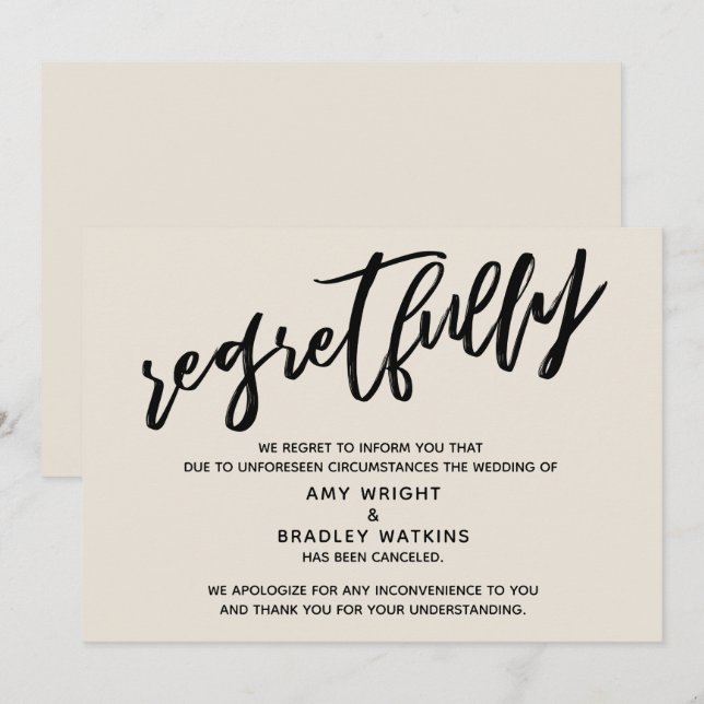 Carte de regrets de mariage annulés avec écriture  (Devant / Derrière)