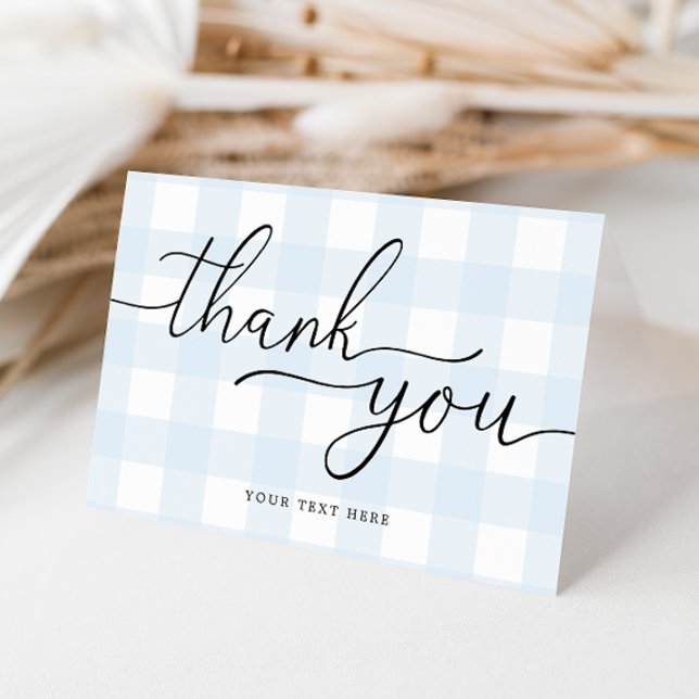 Carte de remerciement à carreaux bleus (Folded Thank You Card Blue Gingham Check. Boy Baby Shower Thank You Cards)