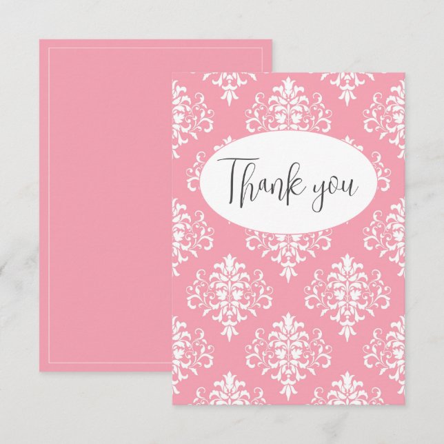 Carte de remerciement à plat en damas rose (Devant / Derrière)