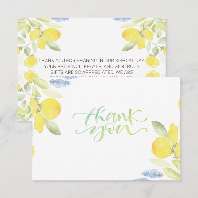 Carte de remerciement aquarelle citrons (Devant / Derrière)