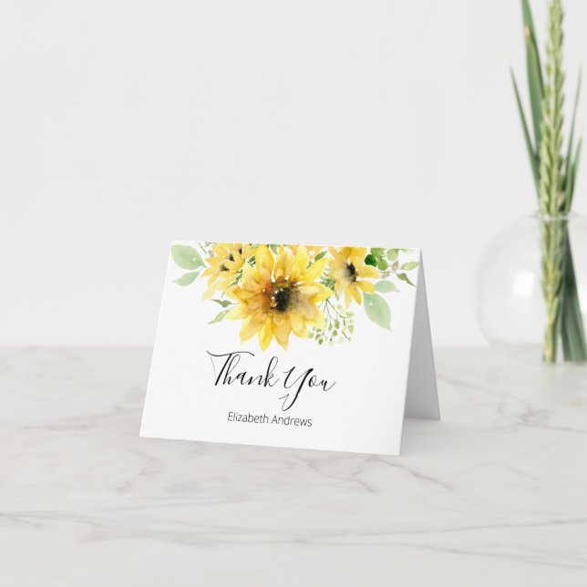 Carte de remerciement aquarelle tournesols et verd (Devant)
