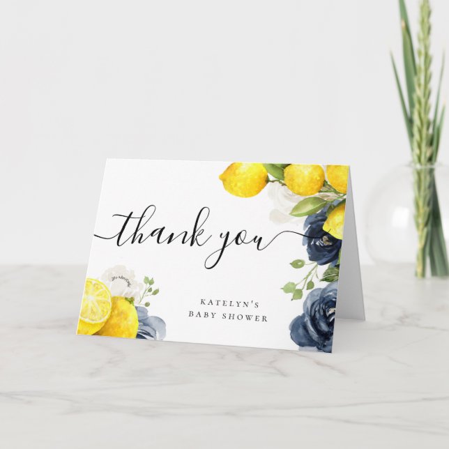 Carte de remerciement au citron avec des fleurs bl (Devant)