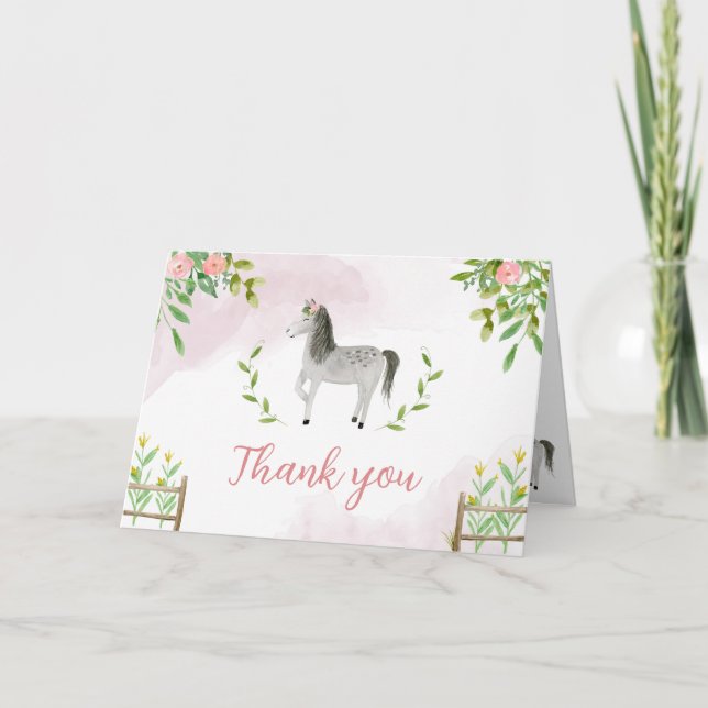 Carte de remerciement avec cheval et fleurs (Devant)