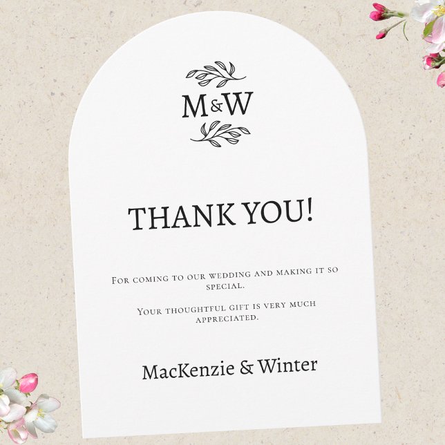 Carte de remerciement avec monogramme initial du c (Wedding thank you arch card couple monogram initials botanical line art leaf sprig )