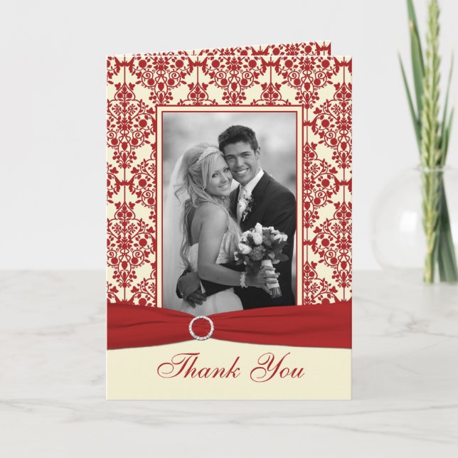Carte de remerciement avec photo en damas crème et (Devant)