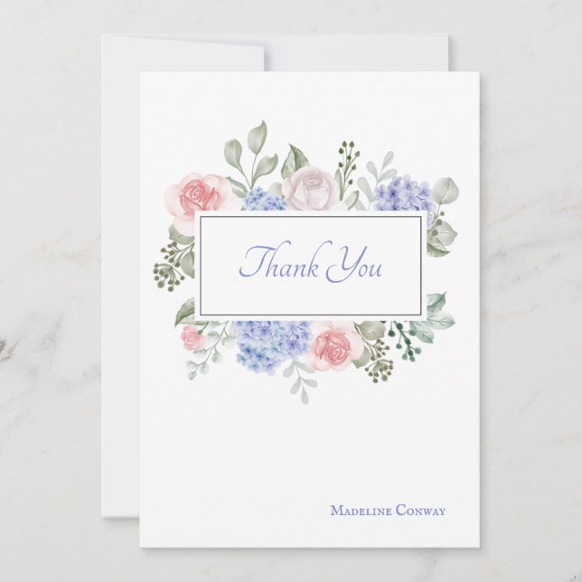 Carte de remerciement avec roses et hortensias (Devant)