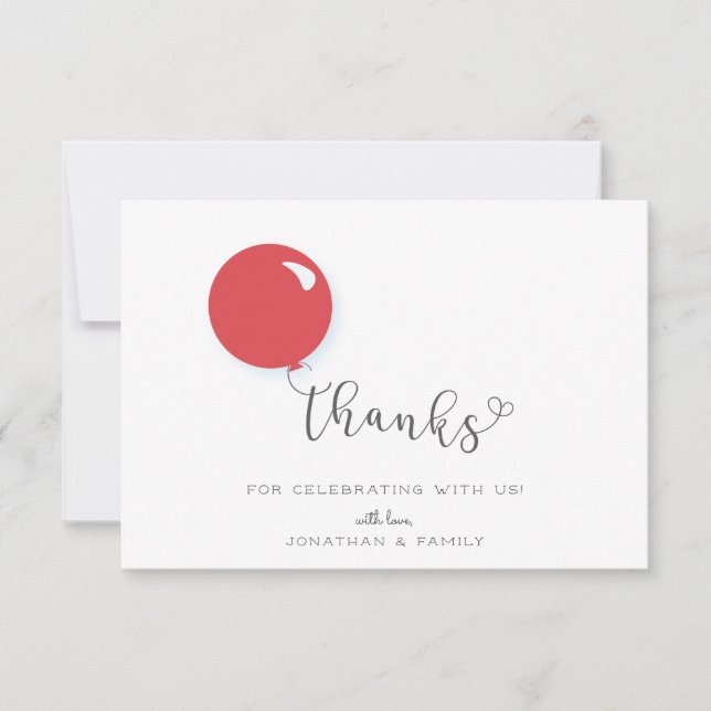 Carte de remerciement Ballon Rouge pour Premier An (Devant)