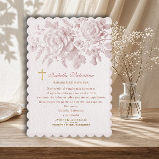 Carte de remerciement Bautizo Faux Embossé Roses R
