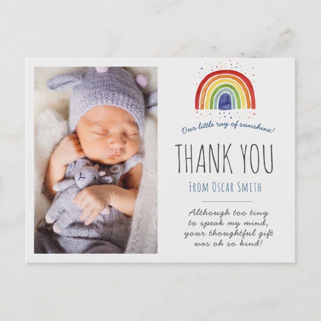 Carte de remerciement bébé arc-en-ciel, merci arc- (Devant)