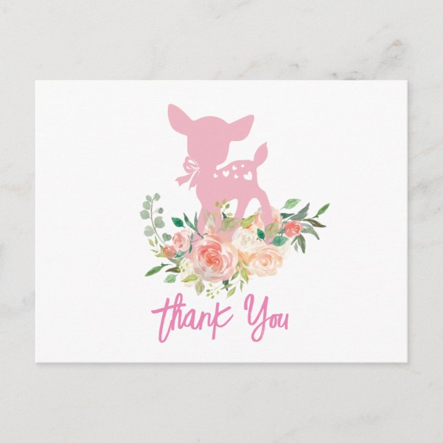 carte de remerciement bébé faon rose baby shower (Devant)