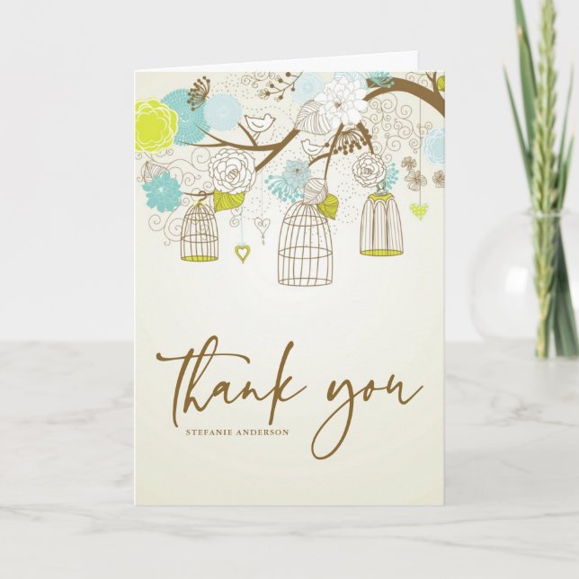 CARTE DE REMERCIEMENT CAGES À OISEAUX BLEUES ET JA (Devant)