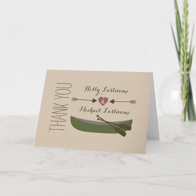 Carte de remerciement Canoë + Cœur avec flèches (Devant)