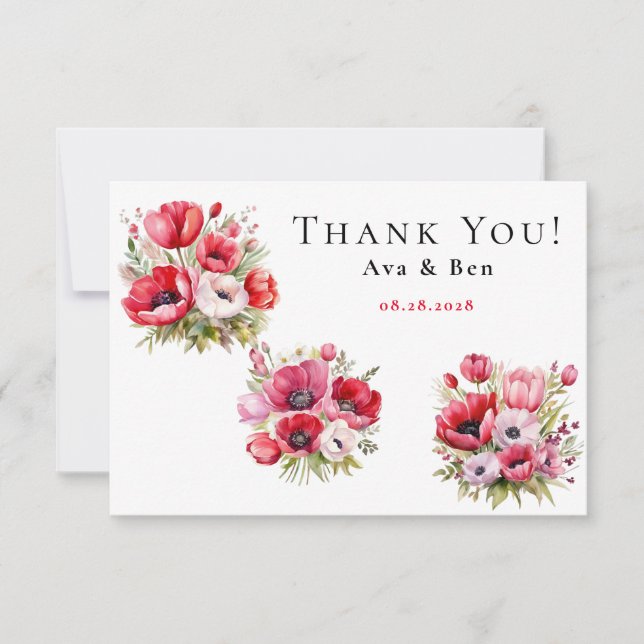 Carte de remerciement Coquelicot rose et rouge ave (Devant)