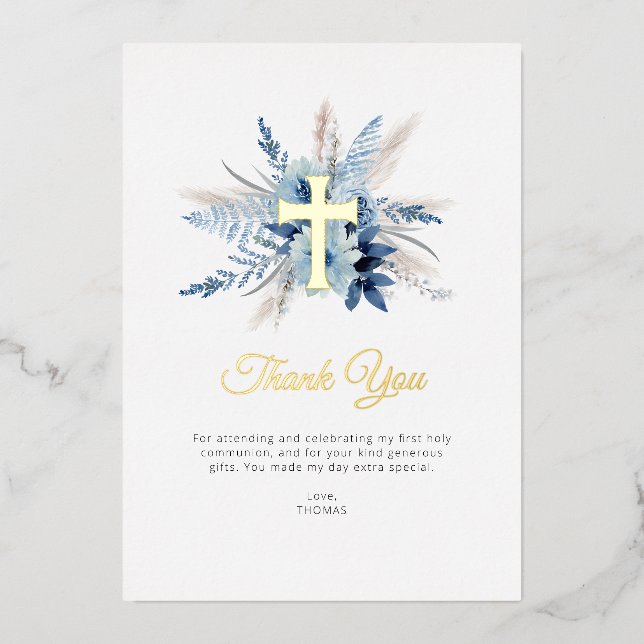 carte de remerciement croix florale bleue poussiér (Recto)