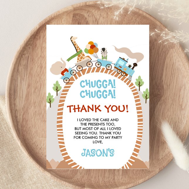 Carte de remerciement d'anniversaire Chugga Chugga (Boys Train Birthday Thank You Card, Safari Animals Train Thank You card, Chugga Chugga Train Party)