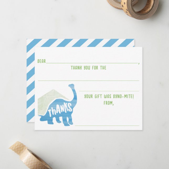 Carte de remerciement d'anniversaire de dinosaure  (Devant/Arrière en situation)