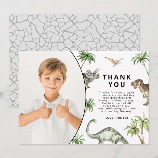 Carte de remerciement d'anniversaire de dinosaure  (Devant / Derrière)