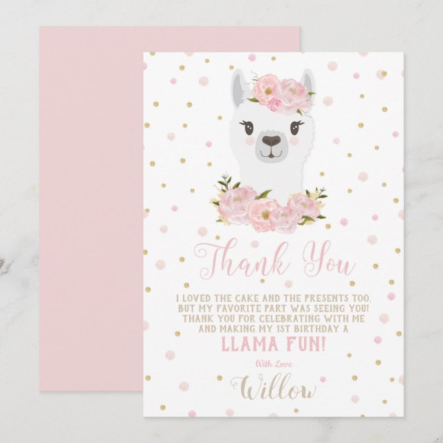 Carte de remerciement d'anniversaire de lama fille (Devant / Derrière)