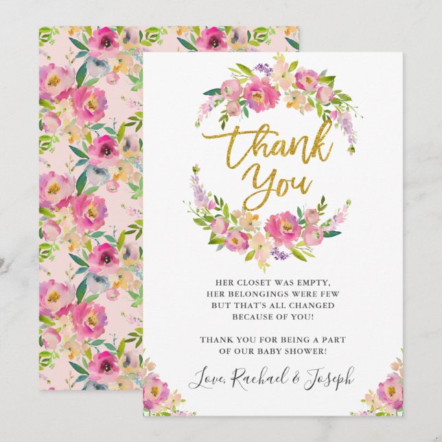 Carte de remerciement de baby shower Chic rose flo (Devant / Derrière)