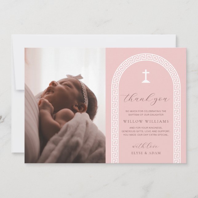 Carte de remerciement de baptême photo rose à clé  (Devant)
