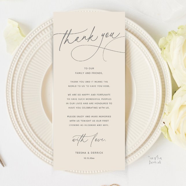 Carte de remerciement de dîner de mariage romantiq (Modern Romantic Wedding Reception Dinner Thank You Card in Cream Grey)