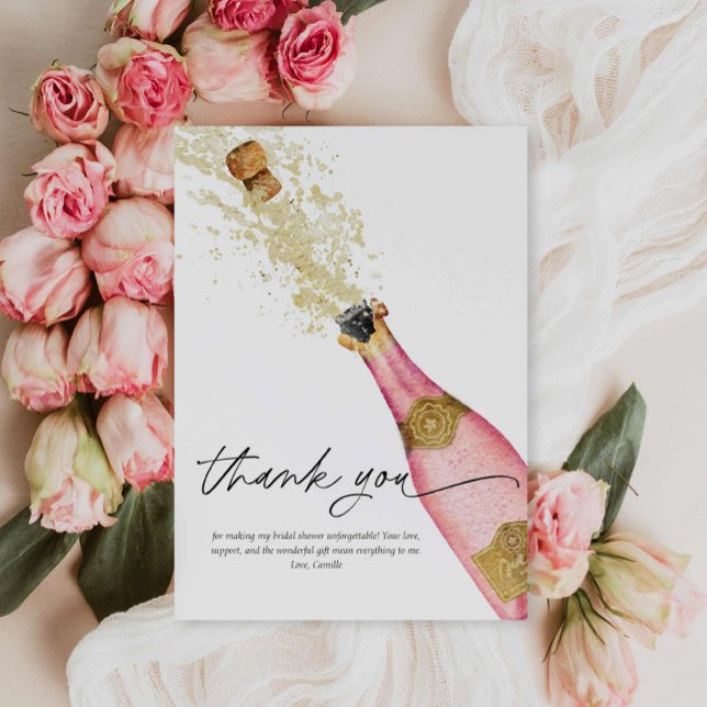 Carte de remerciement de fiançailles bulles rose (Pink Brunch and Bubbly Bridal Shower Thank you Card)