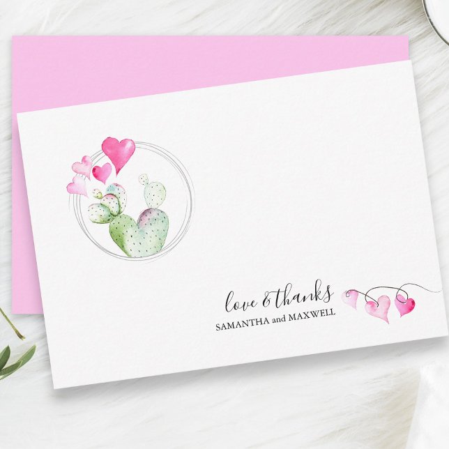 Carte de remerciement de la Saint-Valentin Cactus  (Flat thank you cards watercolor Valentines art by Victoria Grigaliunas of Do Tell A Belle)