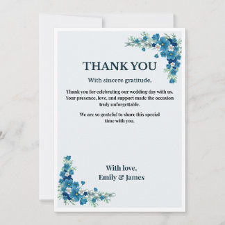 Carte de remerciement de mariage à fleurs bleu pou