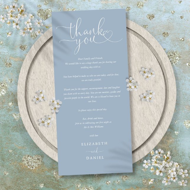 Carte de remerciement de mariage à l'écriture bleu (Dusty Blue Script Wedding Thank You Place Card)