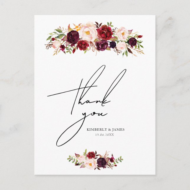 carte de remerciement de mariage aux fleurs rose b (Devant)
