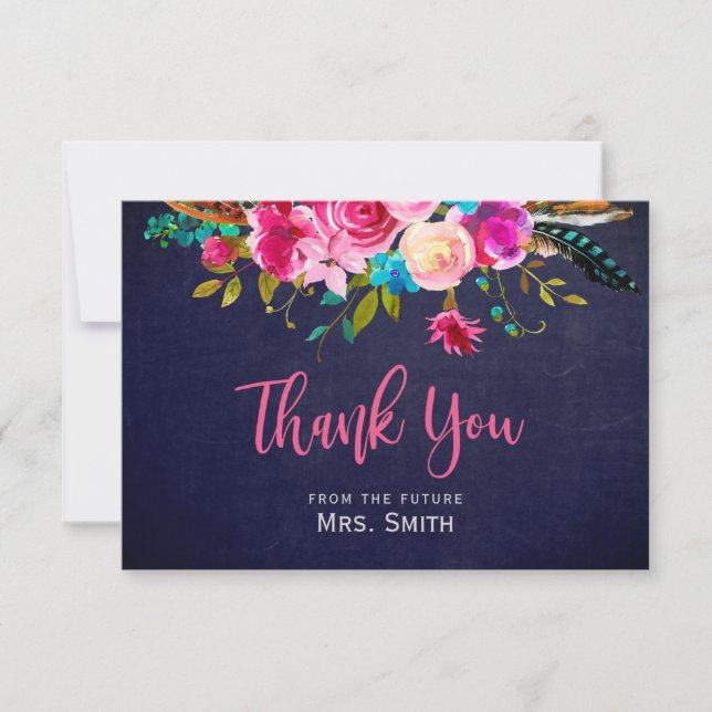 Carte de remerciement de mariage bohème rose flora (Devant)