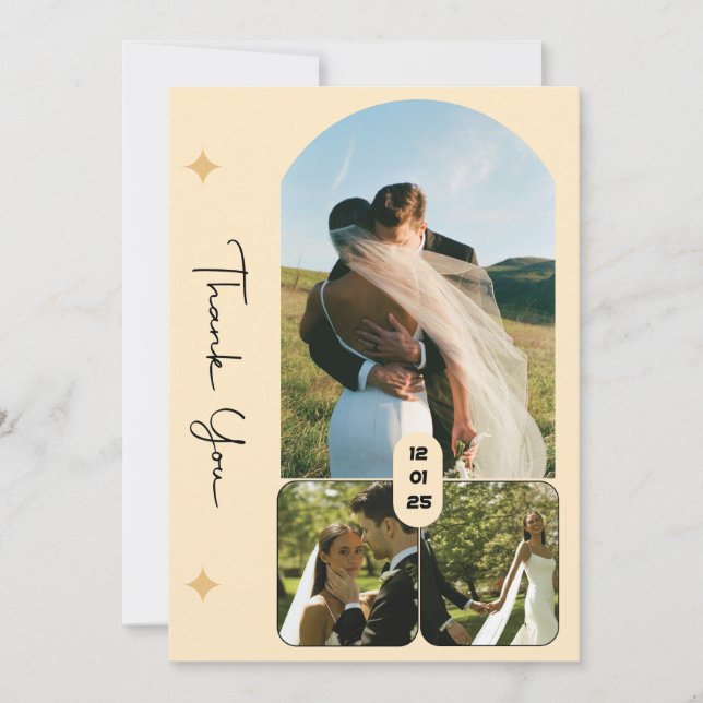 Carte de remerciement de mariage élégante avec 3 p (Devant)