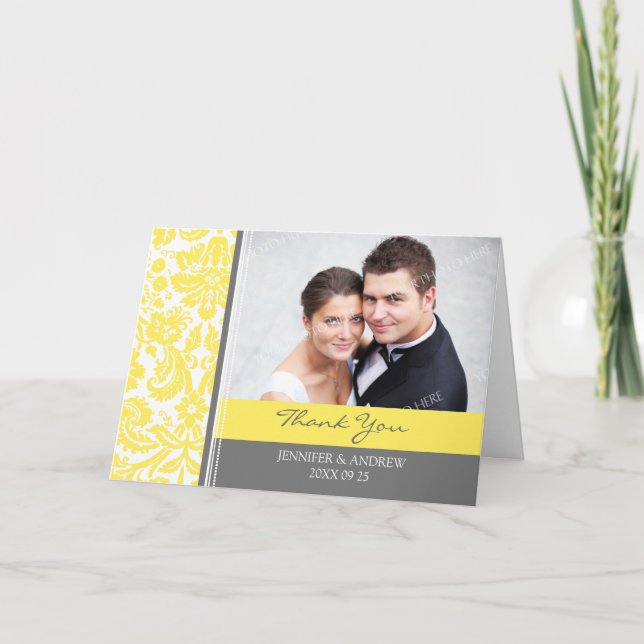 Carte de remerciement de mariage en damas gris cit (Devant)