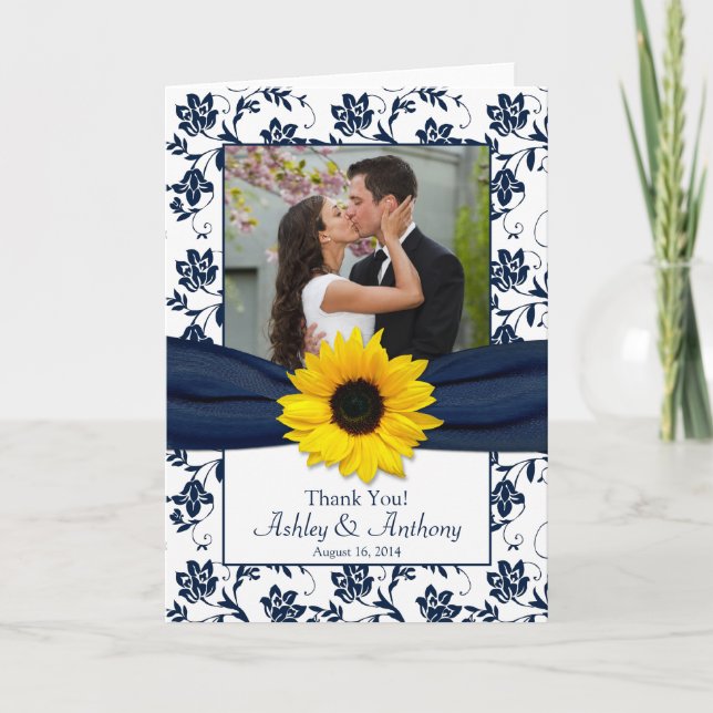 Carte de remerciement de mariage en damas marine N (Devant)