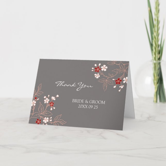 Carte de remerciement de mariage en damas rouge co (Devant)