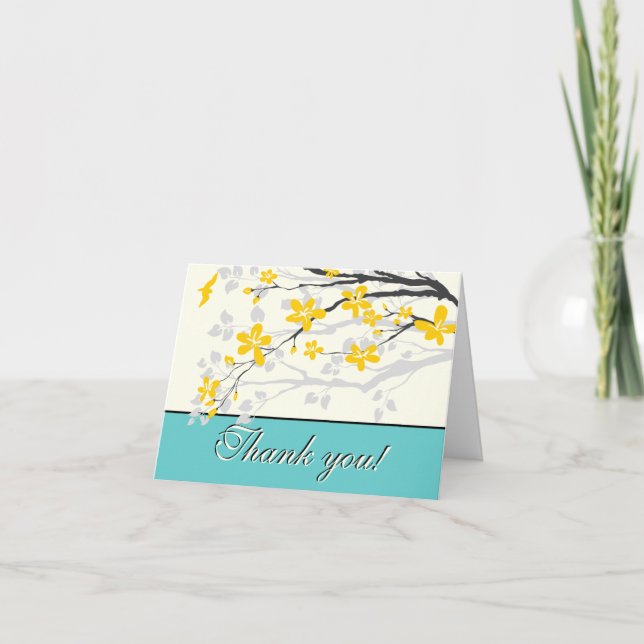 Carte de remerciement de mariage fleurs jaune turq (Devant)