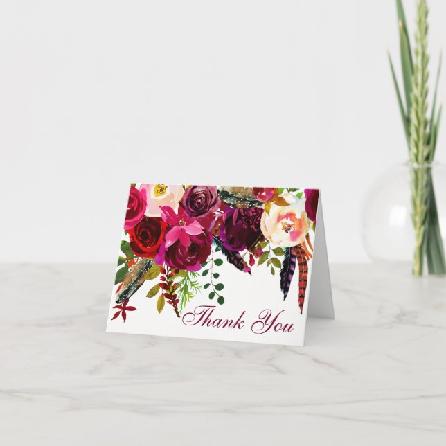 Carte de remerciement de mariage - Floral bordeaux (Devant)