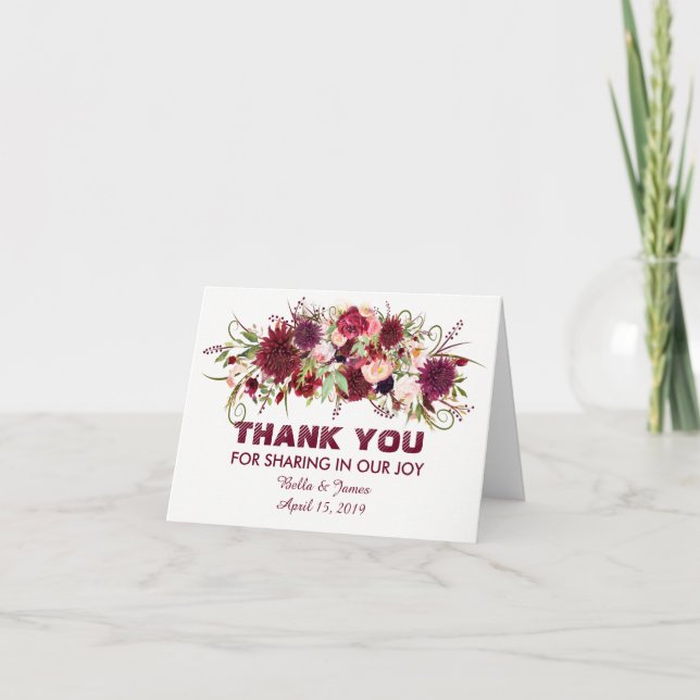 Carte de remerciement de mariage floral Bourgogne  (Devant)