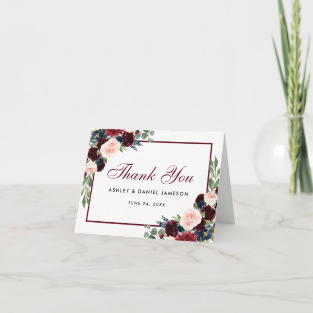 Carte de remerciement de mariage Floral Bourgogne  (Devant)